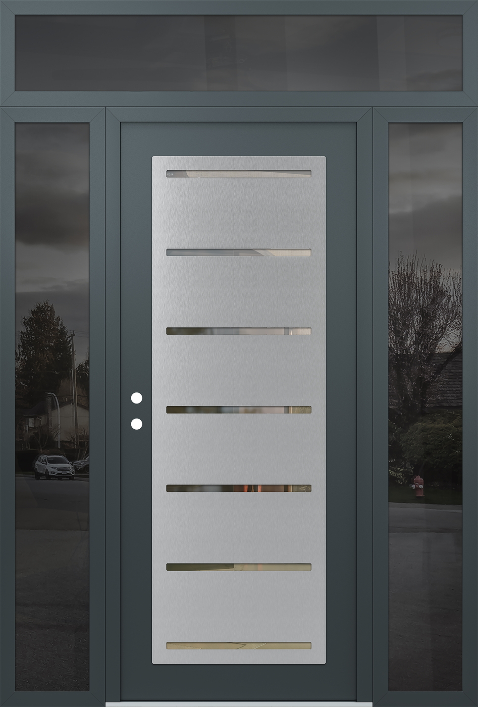 Modern Steel Front Door Diamond C11 68" x 96" anthracite/anthracite clear Glass Panel stainless steel RHI with 2 Sidelites and Transom mirrored Glass