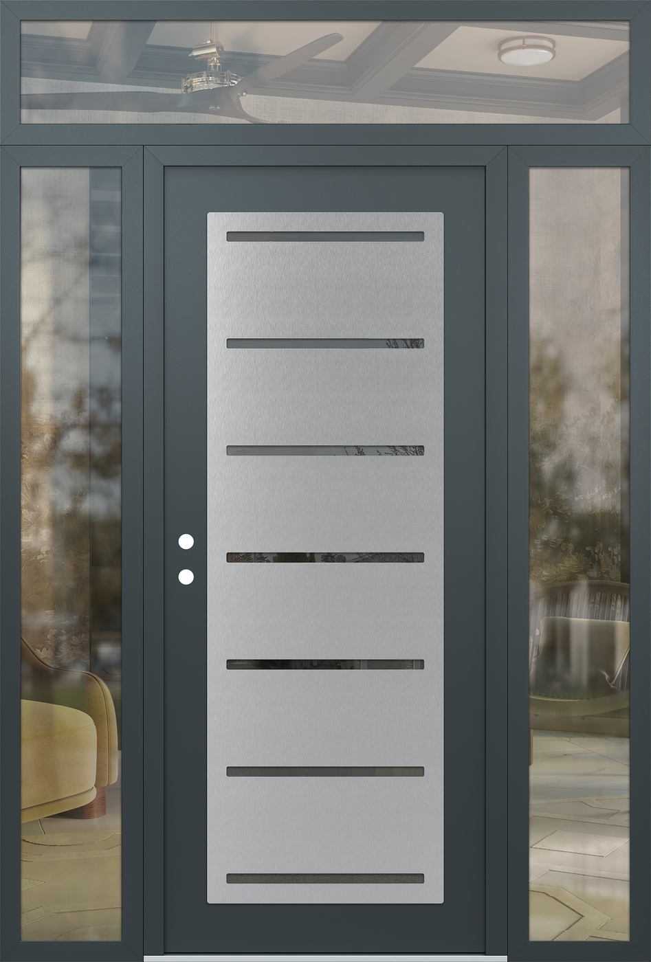 Modern Steel Front Door Diamond C11 68" x 96" anthracite/anthracite mirrored Glass Panel stainless steel RHI with 2 Sidelites and Transom clear Glass