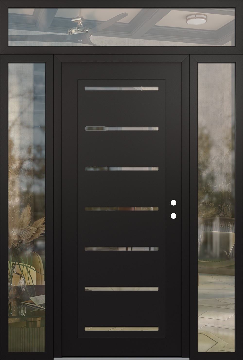 Modern Steel Front Door Diamond C11 68" x 96" black/black clear Glass Panel black LHI with 2 Sidelites and Transom clear Glass