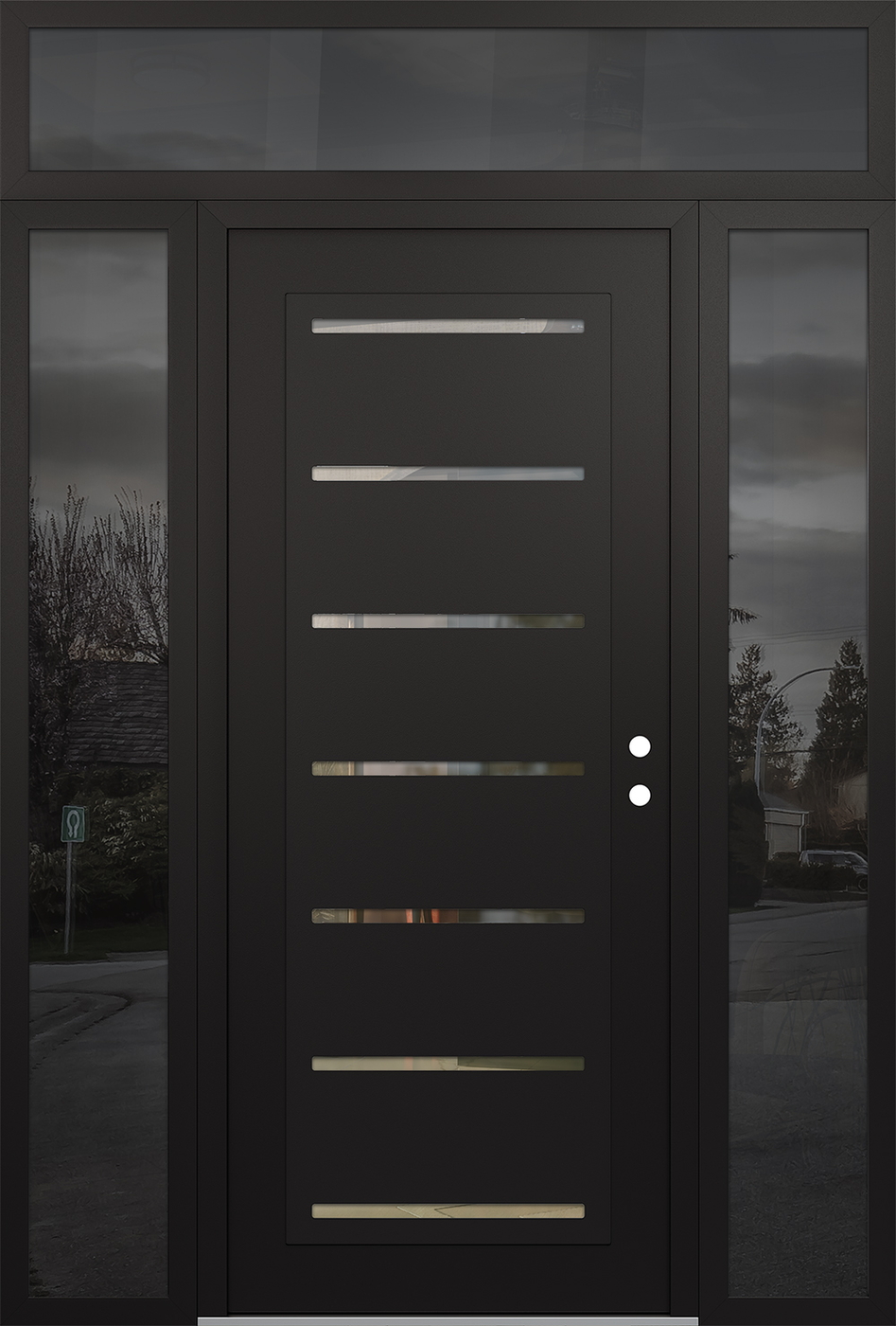 Modern Steel Front Door Diamond C11 68" x 96" black/black clear Glass Panel black LHI with 2 Sidelites and Transom mirrored Glass
