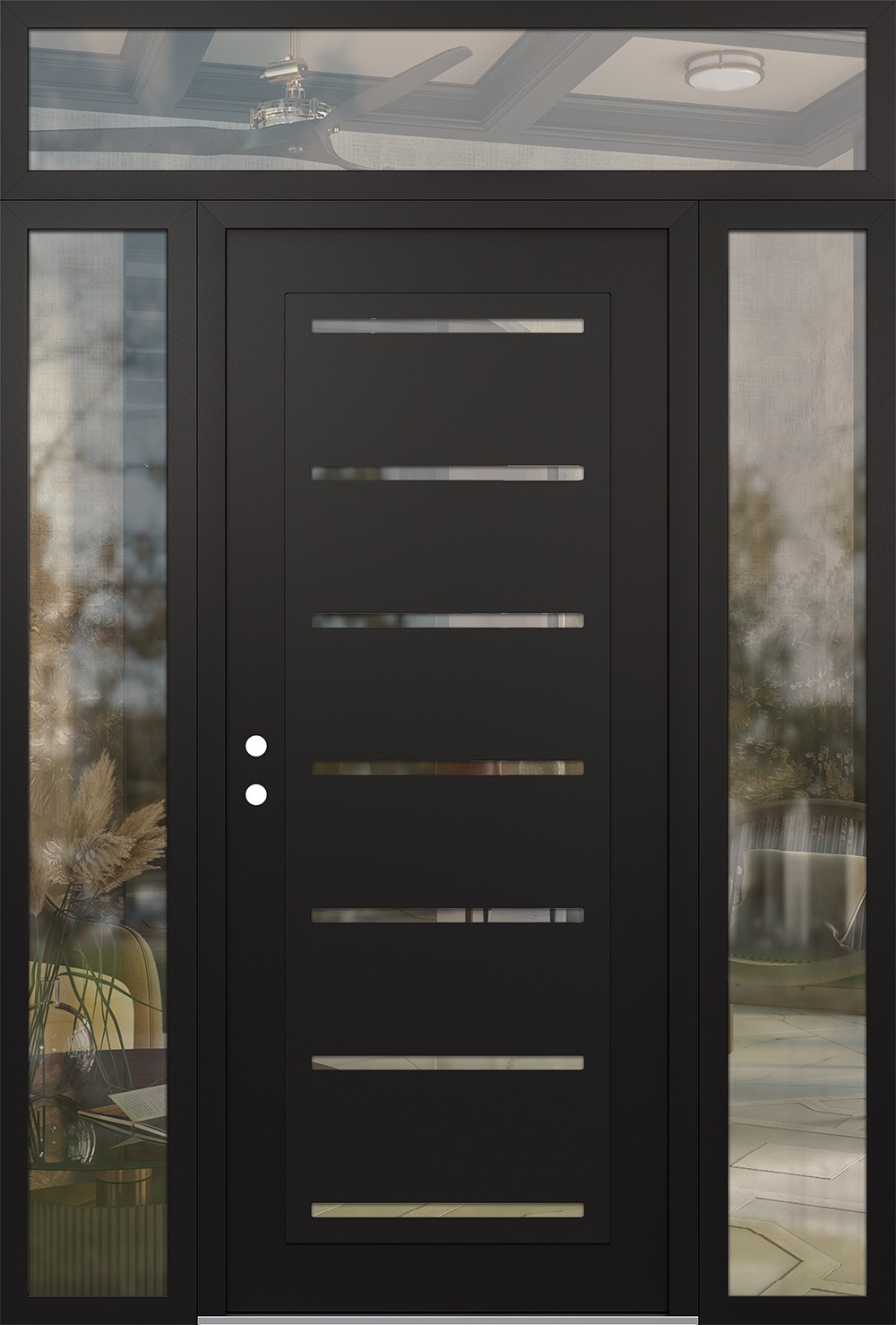 Modern Steel Front Door Diamond C11 68" x 96" black/black clear Glass Panel black RHI with 2 Sidelites and Transom clear Glass