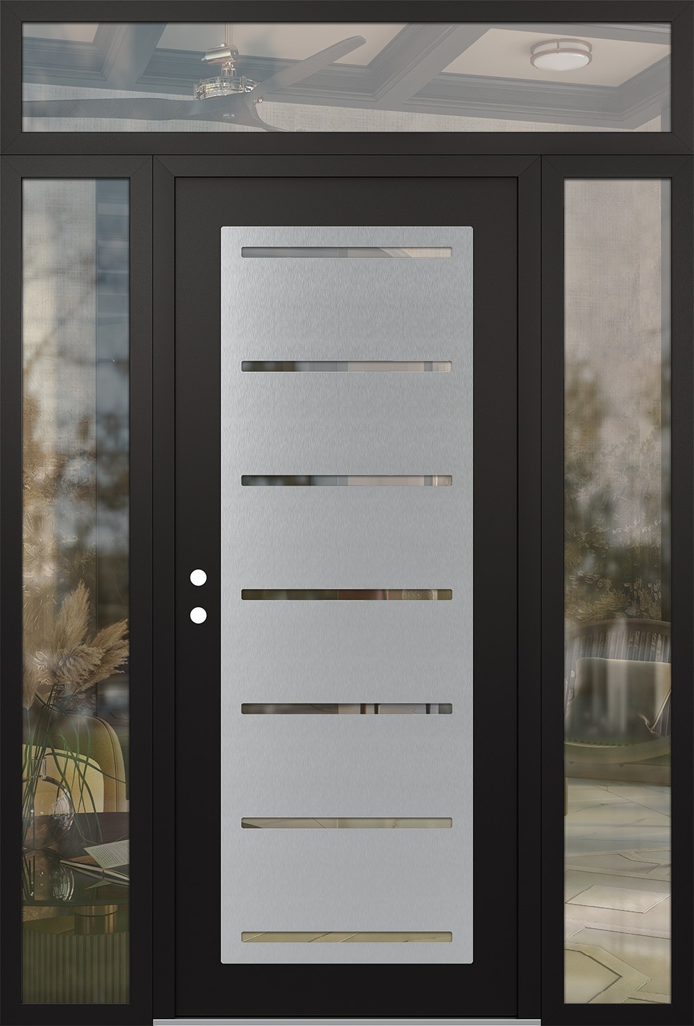 Modern Steel Front Door Diamond C11 68" x 96" black/black clear Glass Panel stainless steel RHI with 2 Sidelites and Transom clear Glass