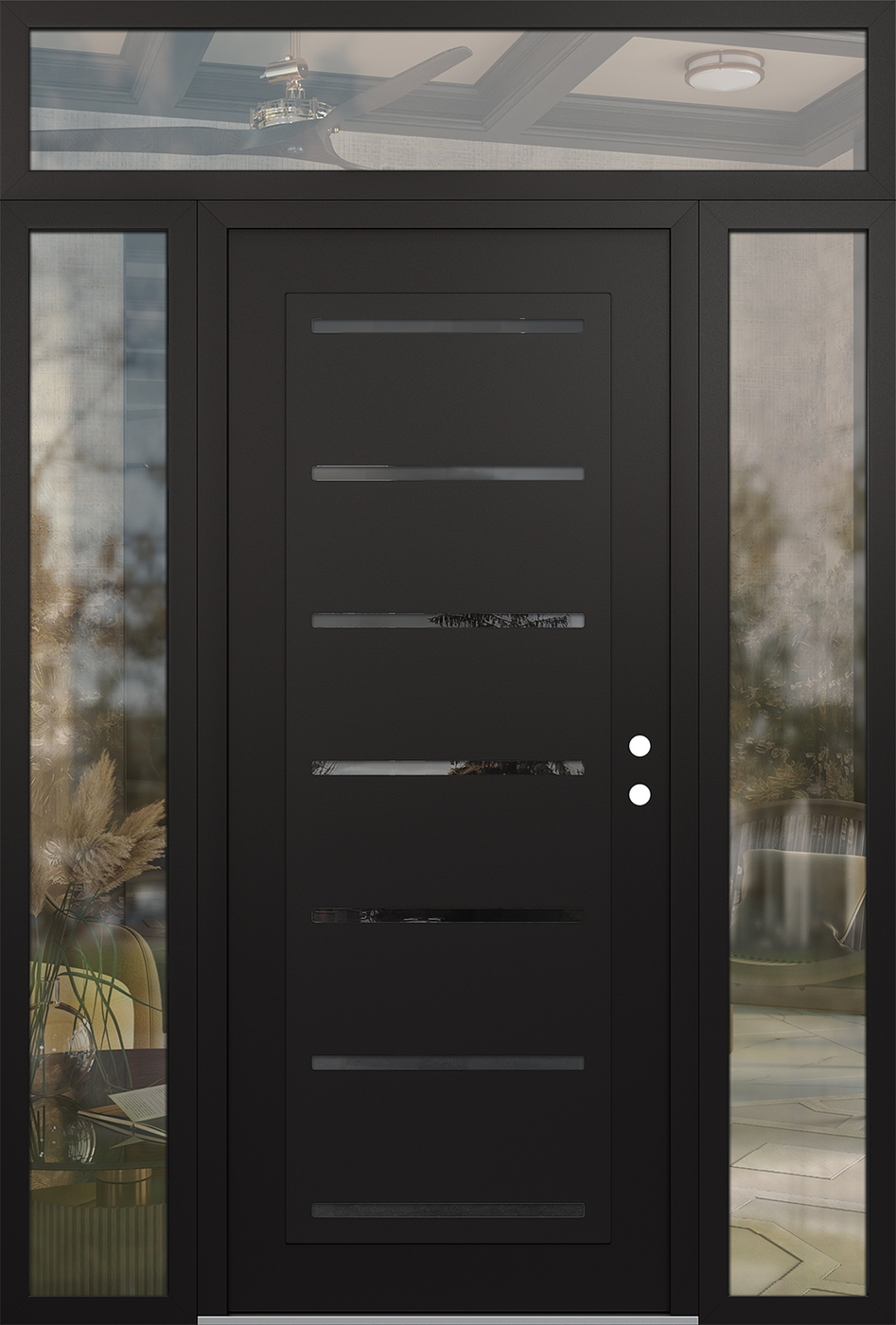 Modern Steel Front Door Diamond C11 68" x 96" black/black mirrored Glass Panel black LHI with 2 Sidelites and Transom clear Glass