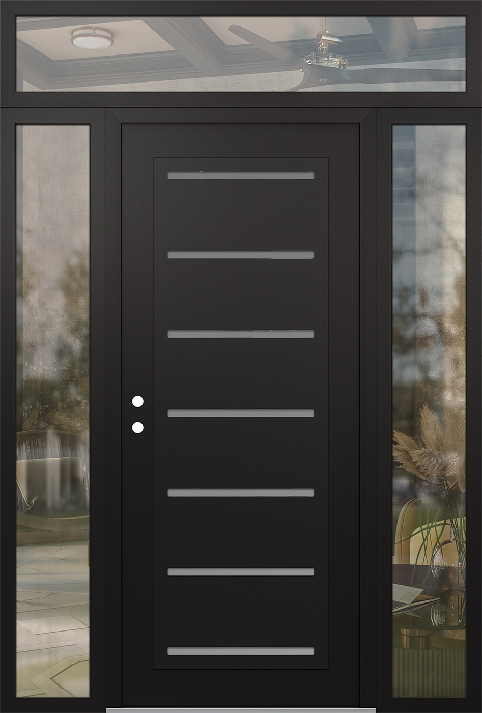 Modern Steel Front Door Diamond C11 68" x 96" black/white frosted Glass Panel black RHI with 2 Sidelites and Transom clear Glass