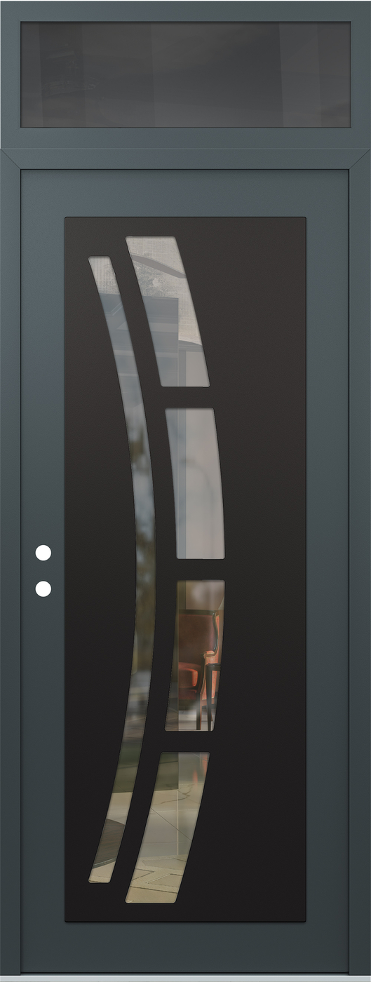Modern Steel Front Door DIAMOND C12 36" X 96" ANTHRACITE/ANTHRACITE CLEAR GLASS PANEL BLACK RHI WITH TRANSOM MIRRORED GLASS