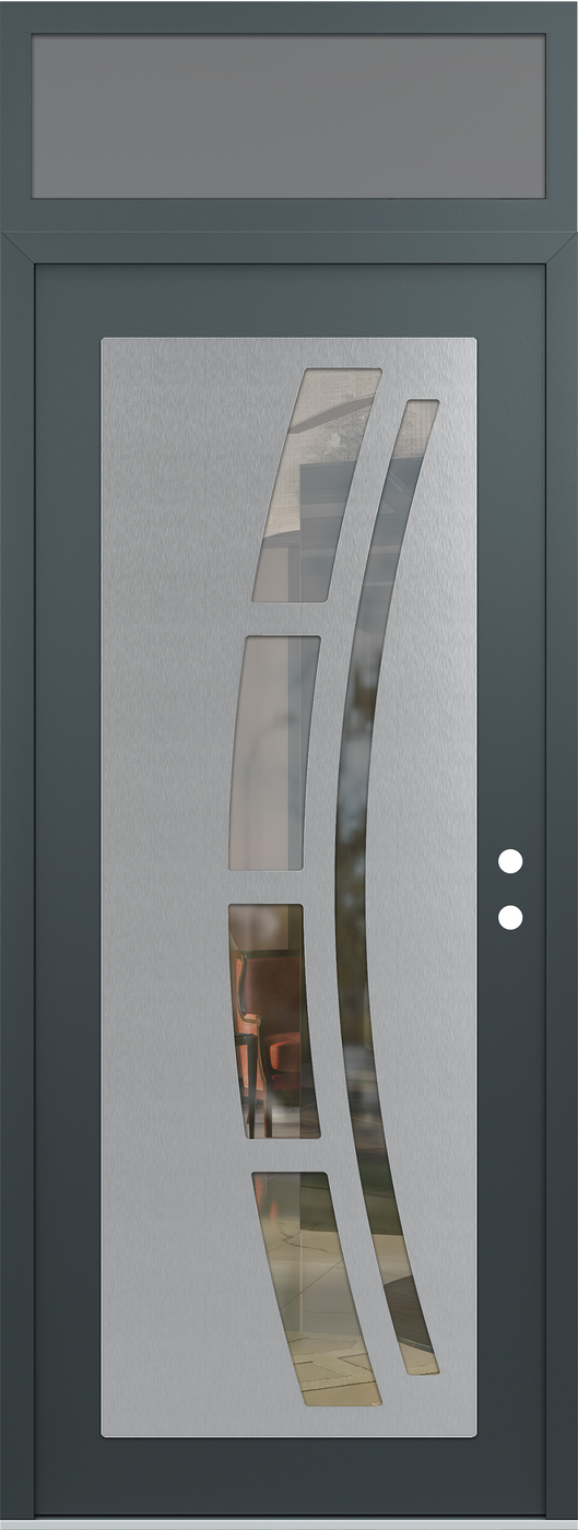Modern Steel Front Door DIAMOND C12 36" X 96" ANTHRACITE/ANTHRACITE CLEAR GLASS PANEL STAINLESS STEEL LHI WITH TRANSOM FROSTED GLASS