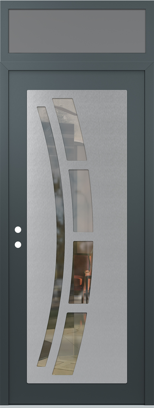 Modern Steel Front Door DIAMOND C12 36" X 96" ANTHRACITE/ANTHRACITE CLEAR GLASS PANEL STAINLESS STEEL RHI WITH TRANSOM FROSTED GLASS