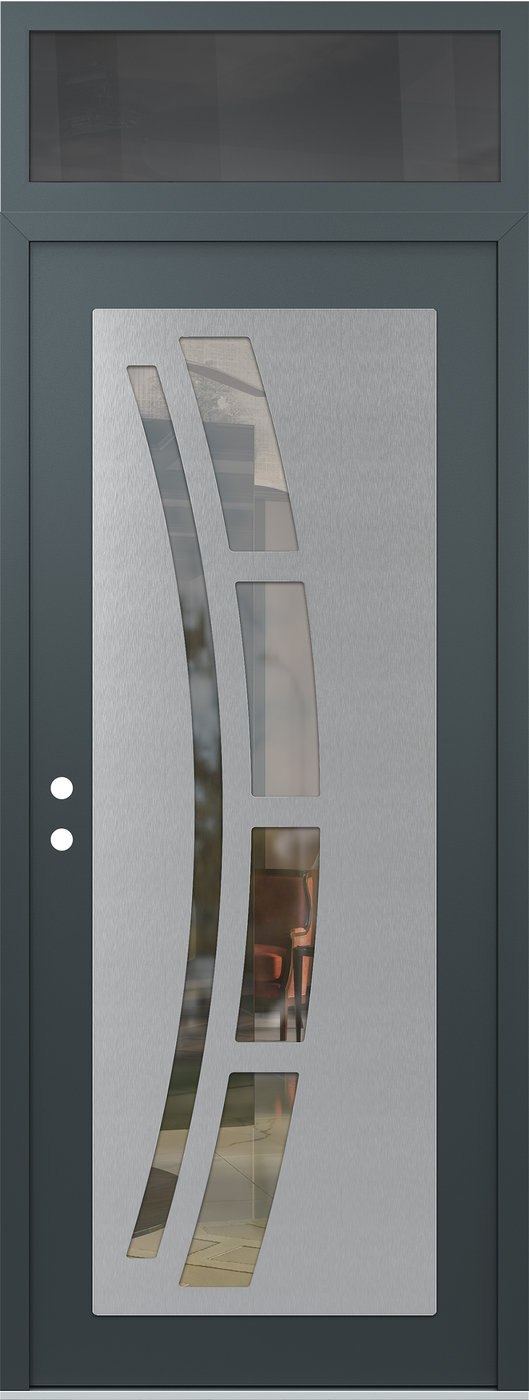 Modern Steel Front Door DIAMOND C12 36" X 96" ANTHRACITE/ANTHRACITE CLEAR GLASS PANEL STAINLESS STEEL RHI WITH TRANSOM MIRRORED GLASS