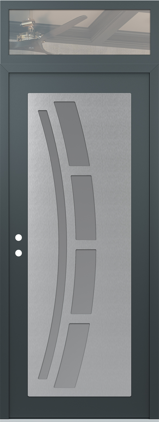 Modern Steel Front Door DIAMOND C12 36" X 96" ANTHRACITE/ANTHRACITE FROSTED GLASS PANEL STAINLESS STEEL RHI WITH TRANSOM CLEAR GLASS