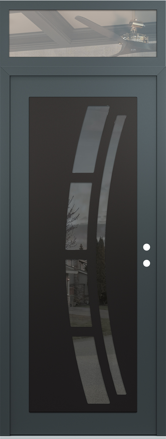 Modern Steel Front Door DIAMOND C12 36" X 96" ANTHRACITE/ANTHRACITE MIRRORED GLASS PANEL BLACK LHI WITH TRANSOM CLEAR GLASS