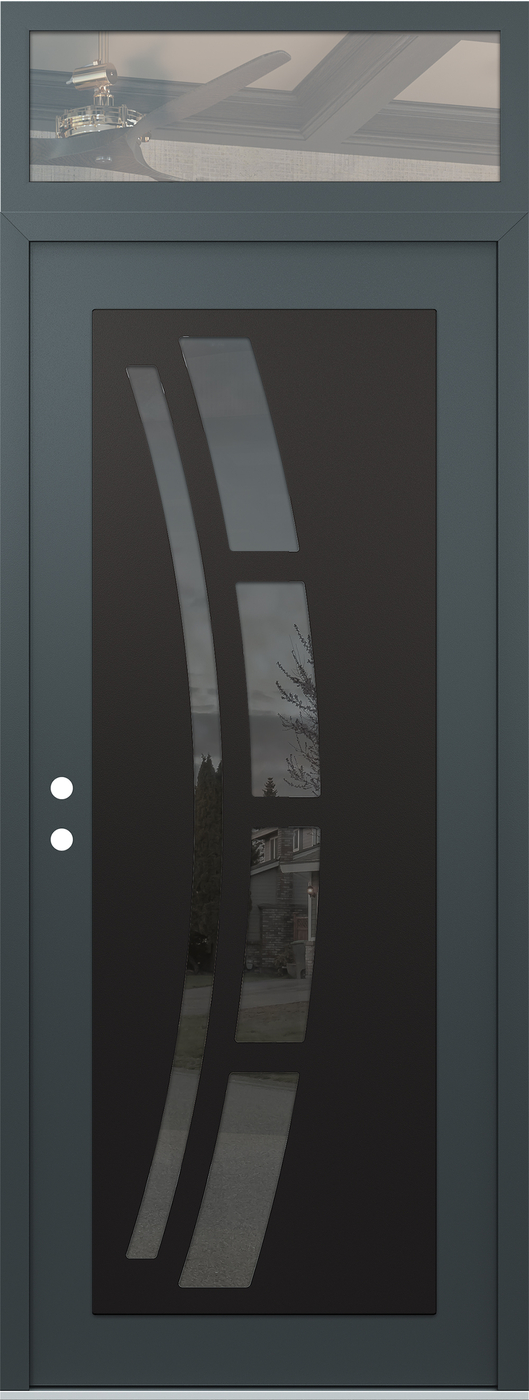 Modern Steel Front Door DIAMOND C12 36" X 96" ANTHRACITE/ANTHRACITE MIRRORED GLASS PANEL BLACK RHI WITH TRANSOM CLEAR GLASS