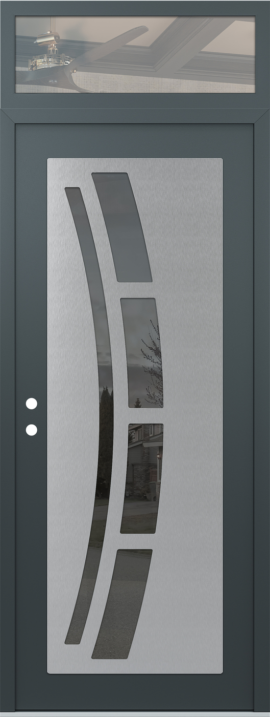 Modern Steel Front Door DIAMOND C12 36" X 96" ANTHRACITE/ANTHRACITE MIRRORED GLASS PANEL STAINLESS STEEL RHI WITH TRANSOM CLEAR GLASS