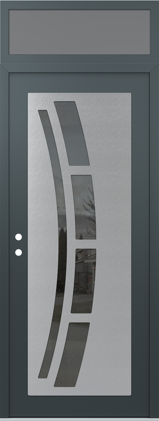 Modern Steel Front Door DIAMOND C12 36" X 96" ANTHRACITE/ANTHRACITE MIRRORED GLASS PANEL STAINLESS STEEL RHI WITH TRANSOM FROSTED GLASS