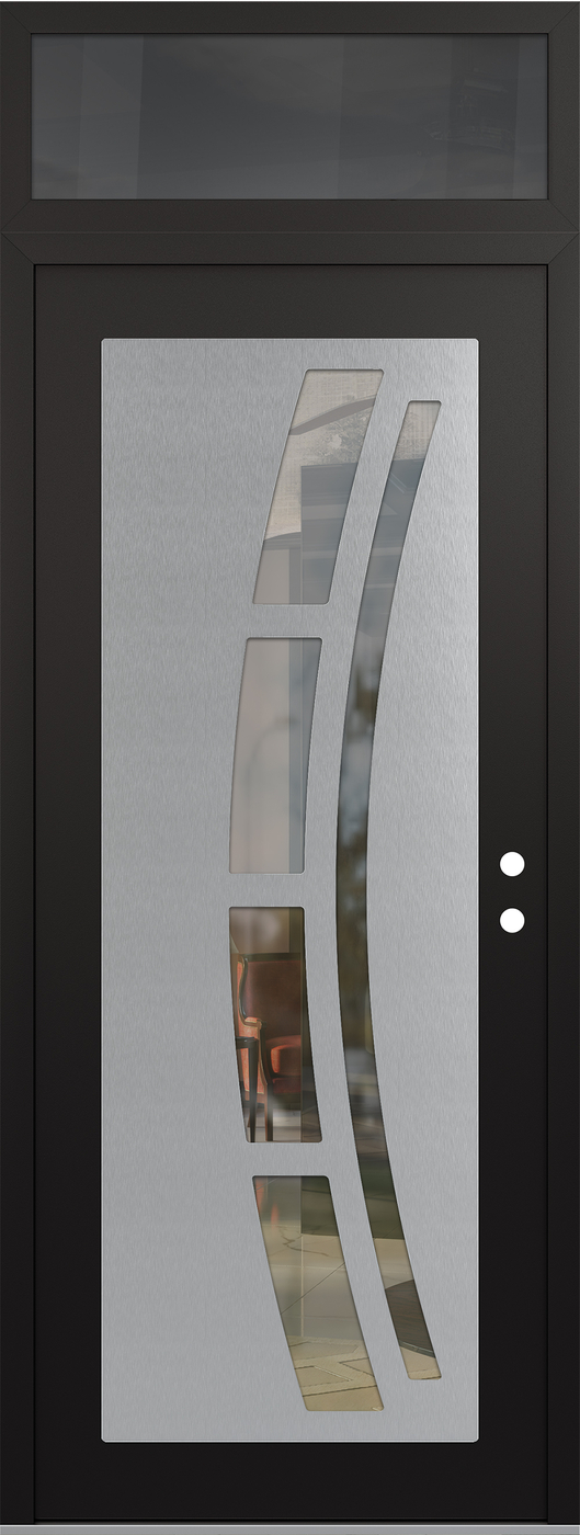 Modern Steel Front Door DIAMOND C12 36" X 96" BLACK/BLACK CLEAR GLASS PANEL STAINLESS STEEL LHI WITH TRANSOM MIRRORED GLASS