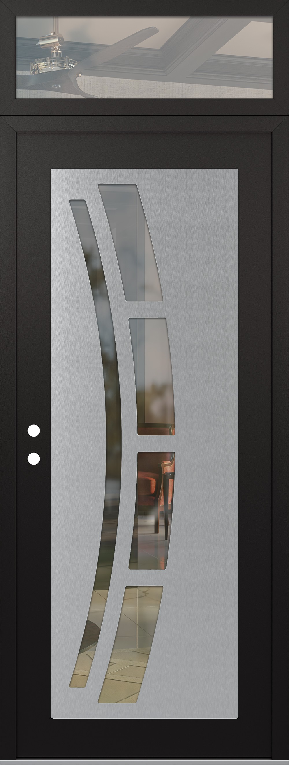 Modern Steel Front Door DIAMOND C12 36" X 96" BLACK/BLACK CLEAR GLASS PANEL STAINLESS STEEL RHI WITH TRANSOM CLEAR GLASS