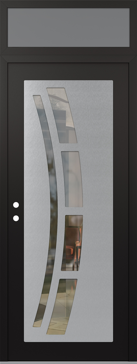 Modern Steel Front Door DIAMOND C12 36" X 96" BLACK/BLACK CLEAR GLASS PANEL STAINLESS STEEL RHI WITH TRANSOM FROSTED GLASS