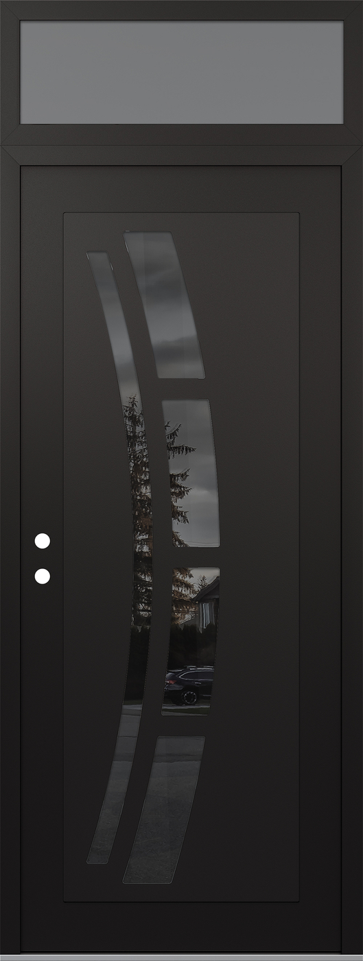 Modern Steel Front Door DIAMOND C12 36" X 96" BLACK/BLACK MIRRORED GLASS PANEL BLACK RHI WITH TRANSOM FROSTED GLASS