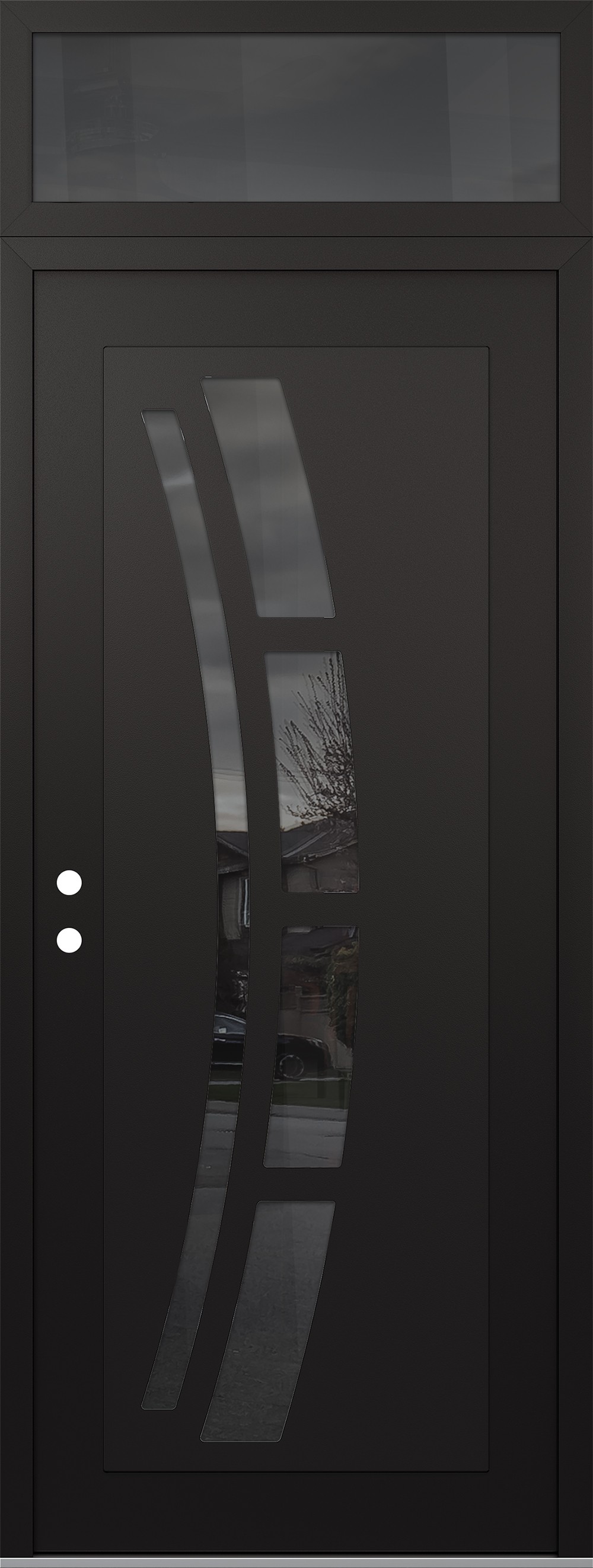 Modern Steel Front Door DIAMOND C12 36" X 96" BLACK/BLACK MIRRORED GLASS PANEL BLACK RHI WITH TRANSOM MIRRORED GLASS