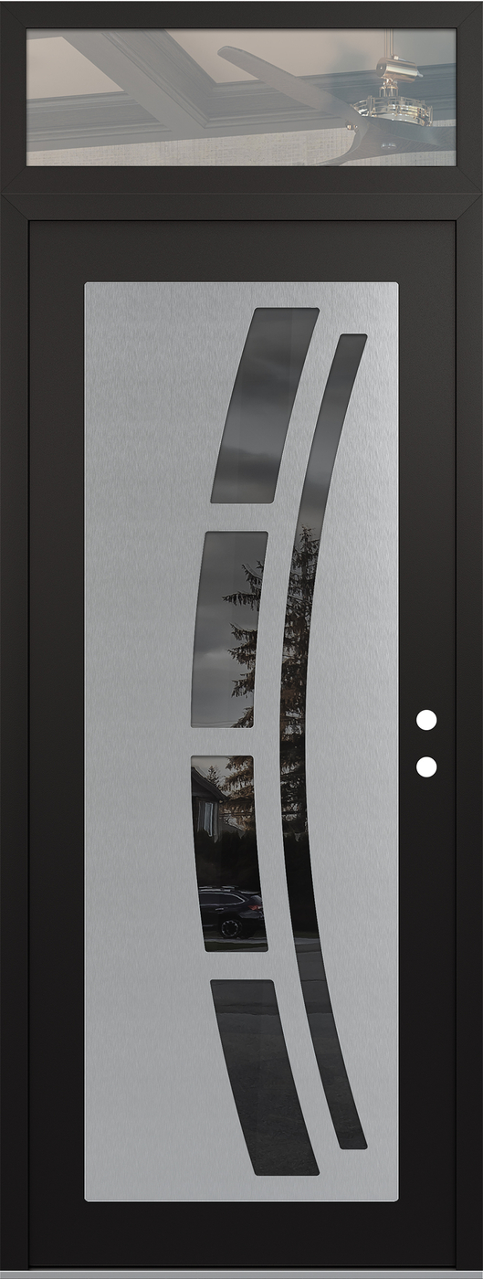 Modern Steel Front Door DIAMOND C12 36" X 96" BLACK/BLACK MIRRORED GLASS PANEL STAINLESS STEEL LHI WITH TRANSOM CLEAR GLASS
