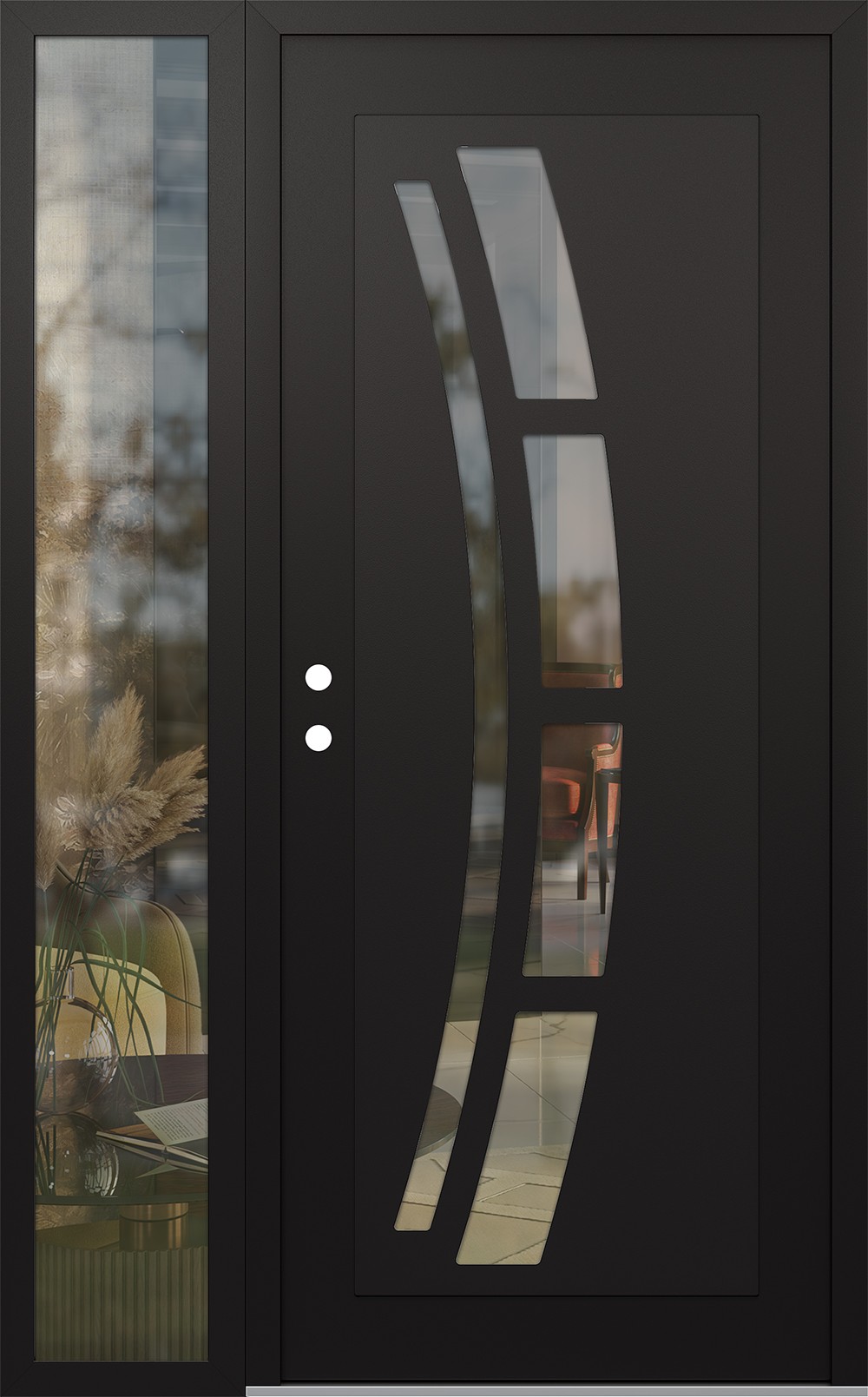Modern Steel Front Door Diamond C12 48" x 80" black/black clear Glass Panel black RHI with Sidelite clear Glass