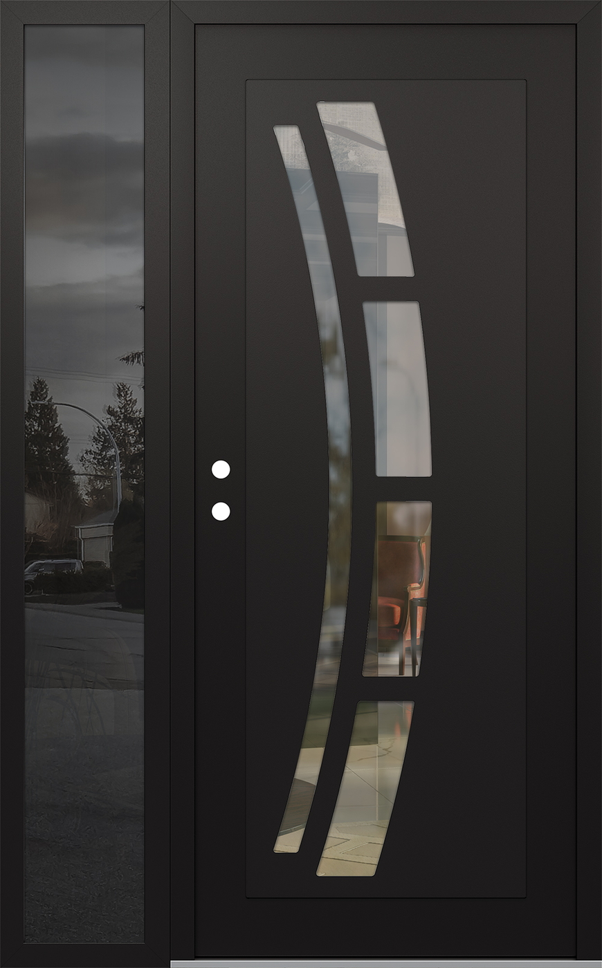 Modern Steel Front Door Diamond C12 48" x 80" black/black clear Glass Panel black RHI with Sidelite mirrored Glass