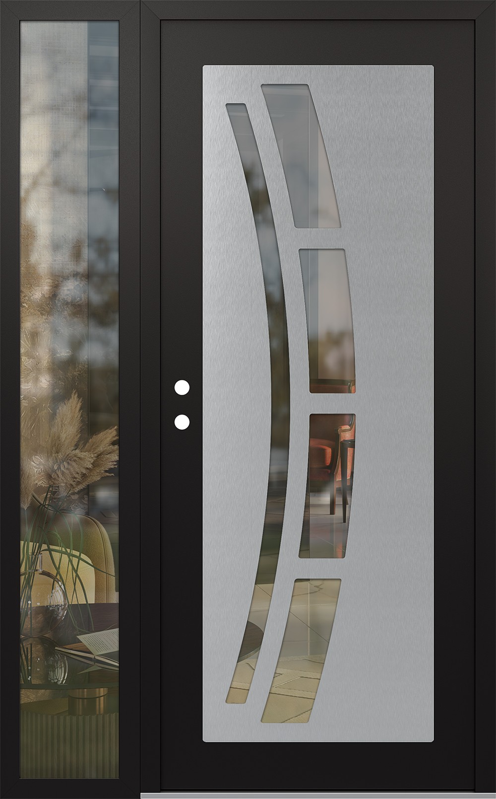 Modern Steel Front Door Diamond C12 48" x 80" black/black clear Glass Panel stainless steel RHI with Sidelite clear Glass