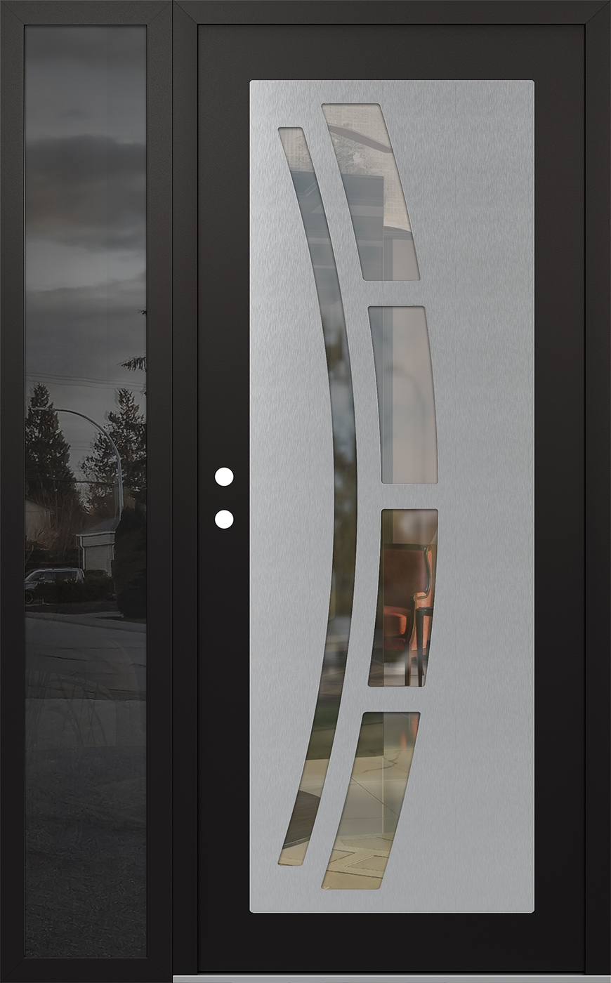 Modern Steel Front Door Diamond C12 48" x 80" black/black clear Glass Panel stainless steel RHI with Sidelite mirrored Glass