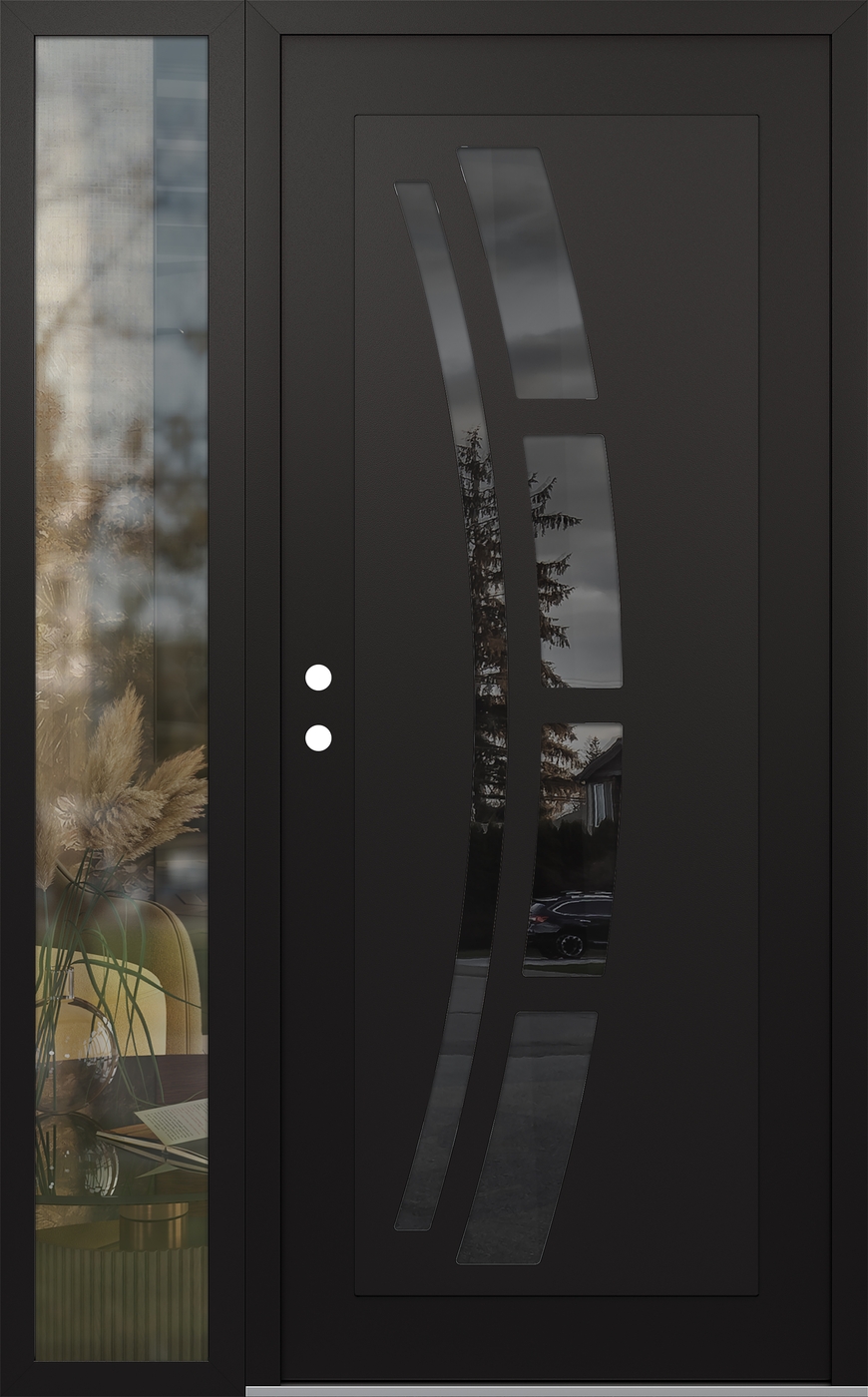 Modern Steel Front Door Diamond C12 48" x 80" black/black mirrored Glass Panel black RHI with Sidelite clear Glass