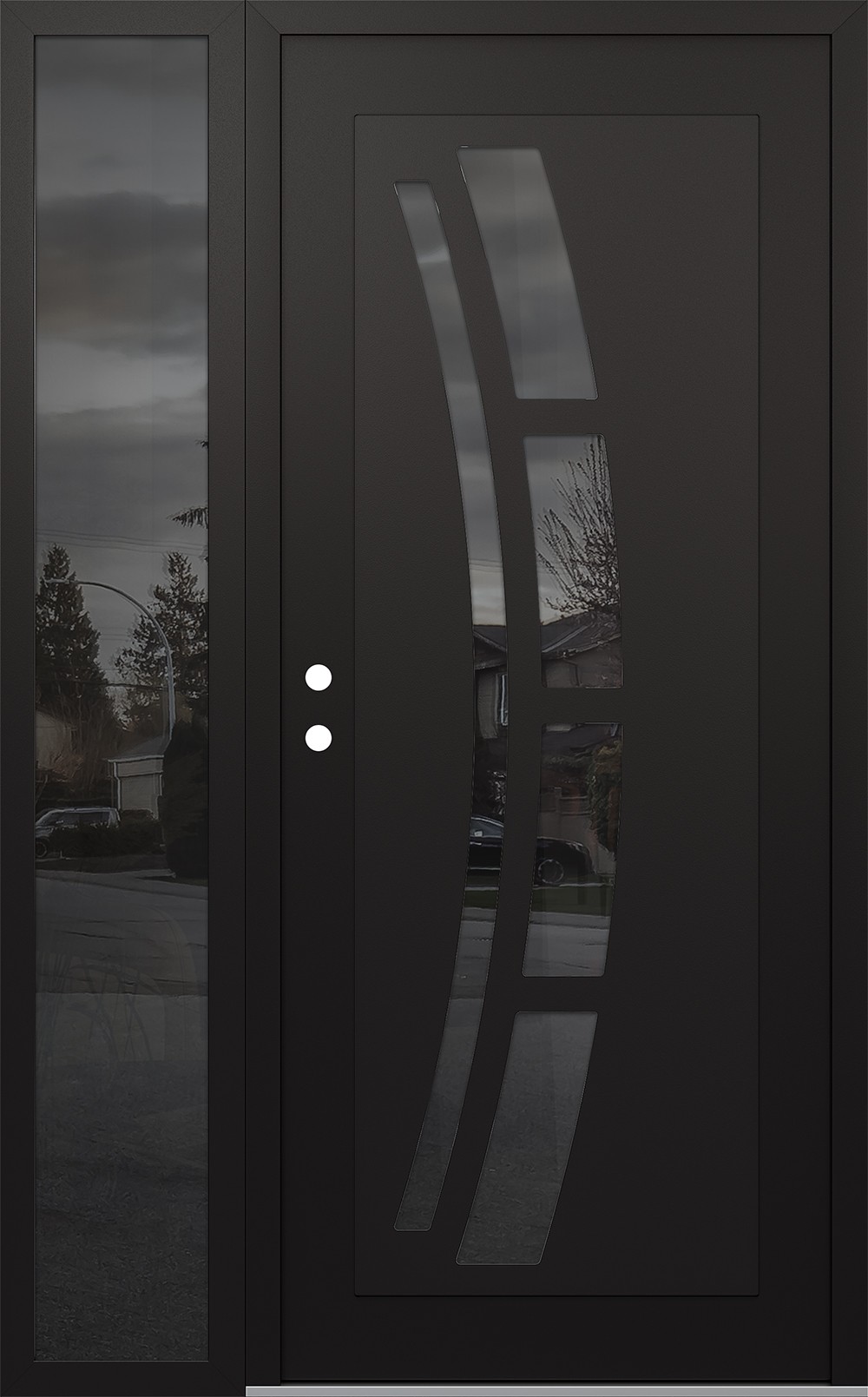 Modern Steel Front Door Diamond C12 48" x 80" black/black mirrored Glass Panel black RHI with Sidelite mirrored Glass