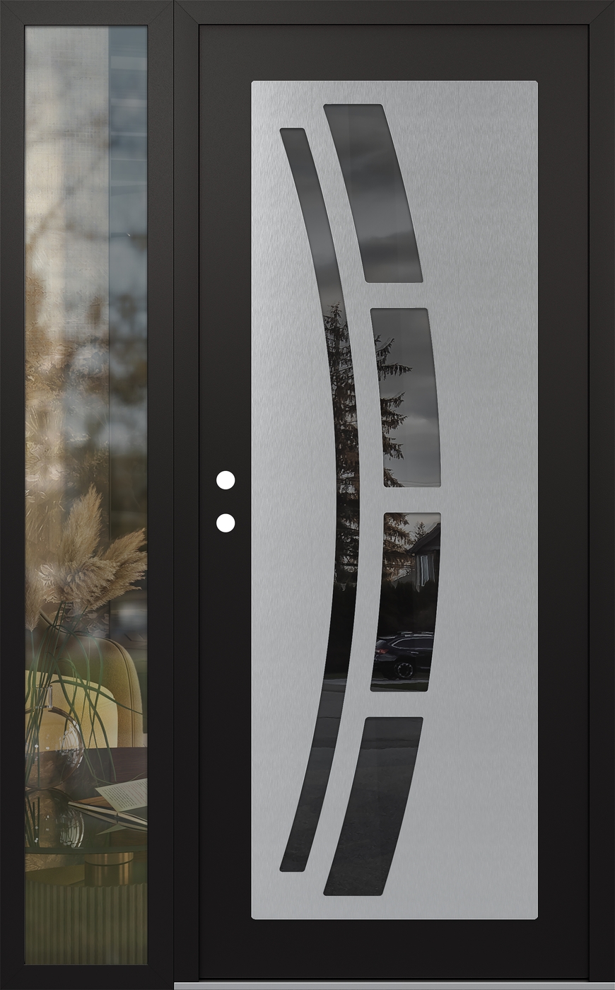 Modern Steel Front Door Diamond C12 48" x 80" black/black mirrored Glass Panel stainless steel RHI with Sidelite clear Glass