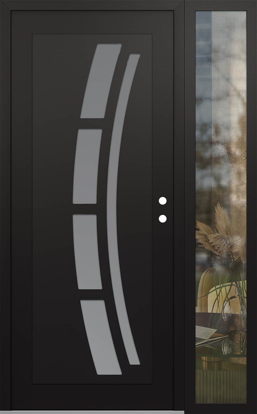 Modern Steel Front Door Diamond C12 48" x 80" black/white frosted Glass Panel black LHI with Sidelite clear Glass