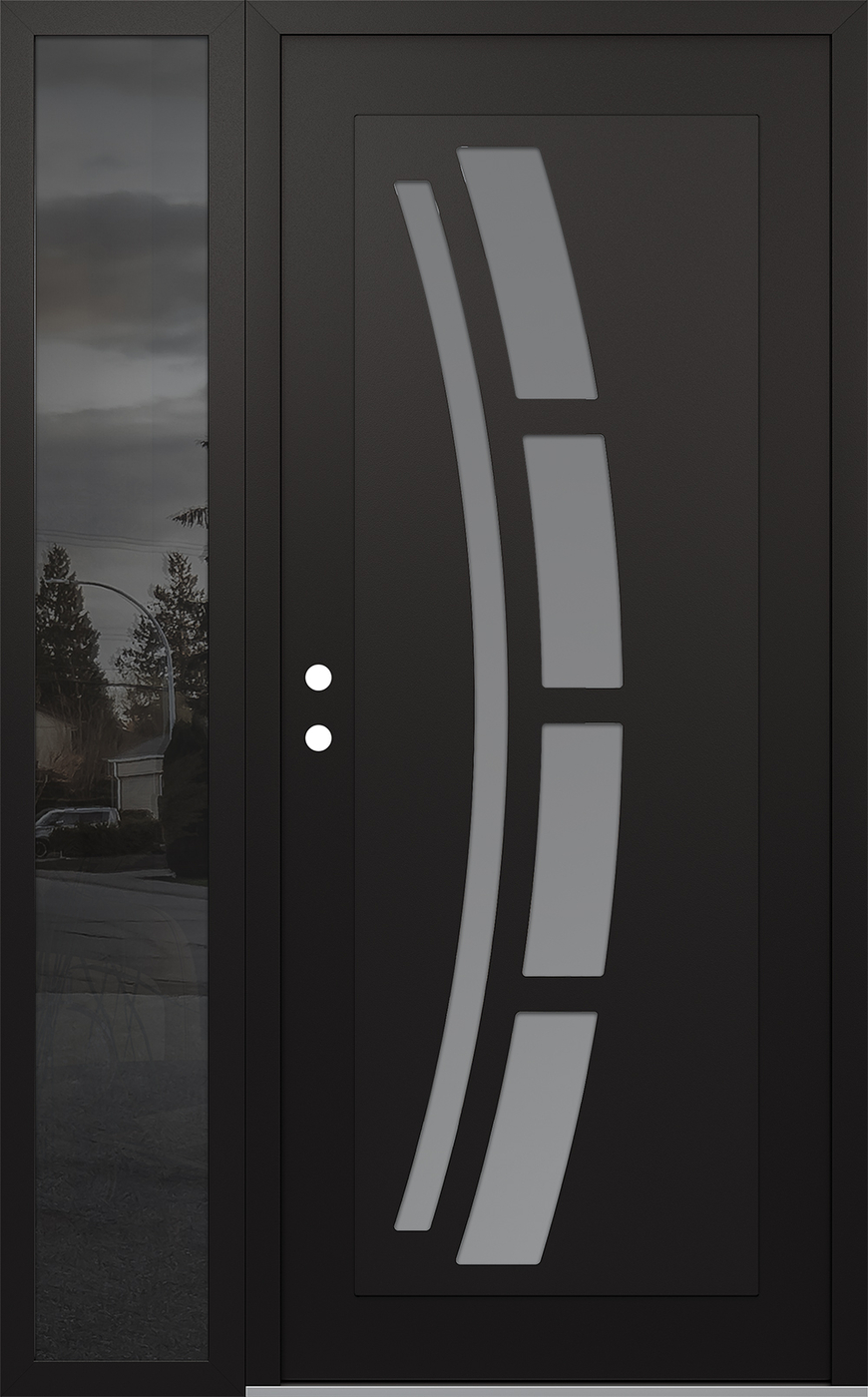 Modern Steel Front Door Diamond C12 48" x 80" black/white frosted Glass Panel black RHI with Sidelite mirrored Glass