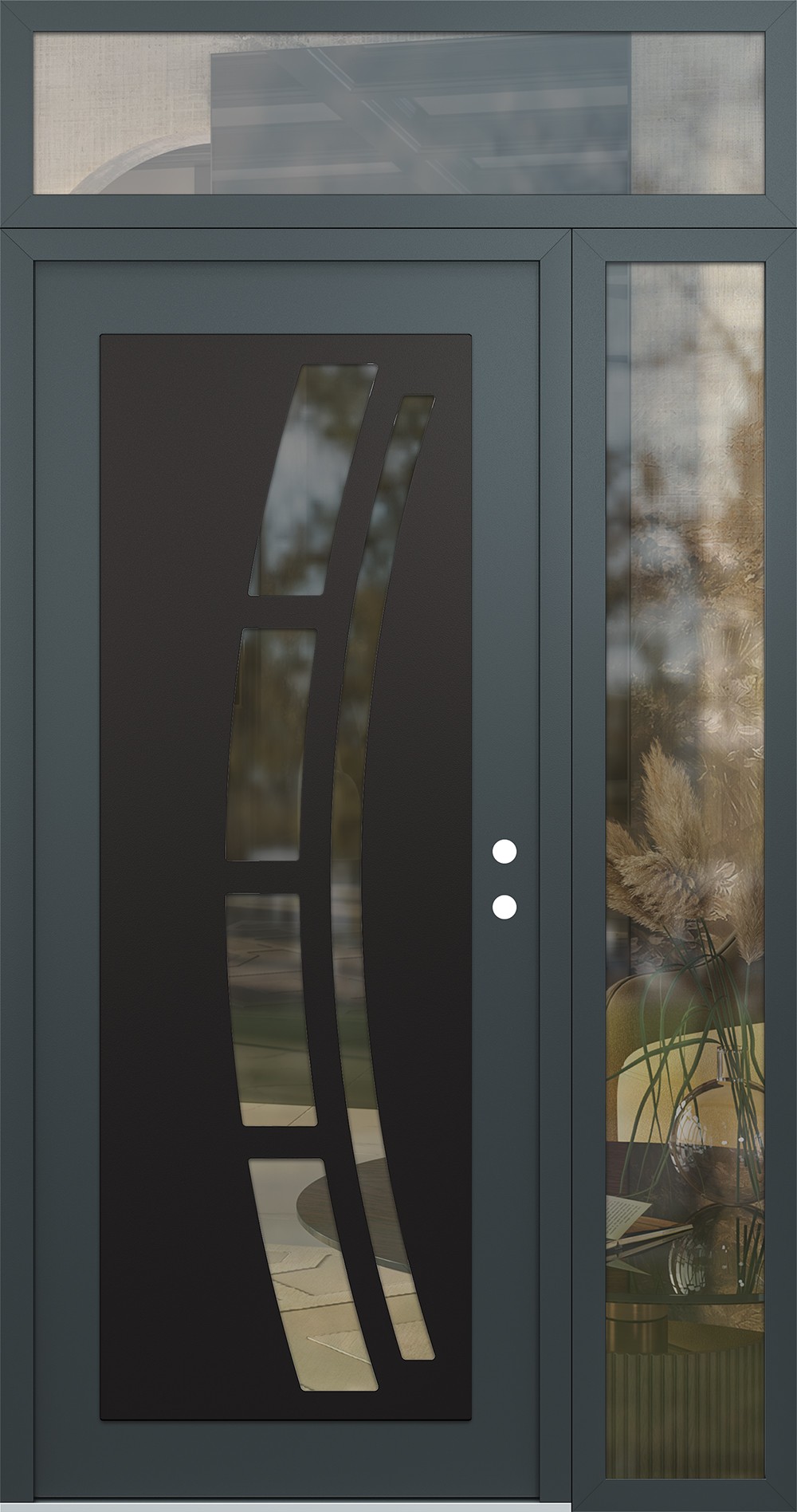 Modern Steel Front Door Diamond C12 48" x 96" anthracite/anthracite clear Glass Panel black LHI with Sidelite and Transom clear Glass