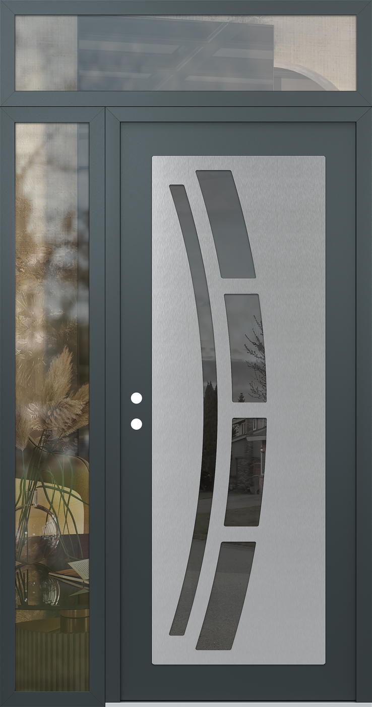 Modern Steel Front Door Diamond C12 48" x 96" anthracite/anthracite mirrored Glass Panel stainless steel RHI with Sidelite and Transom clear Glass