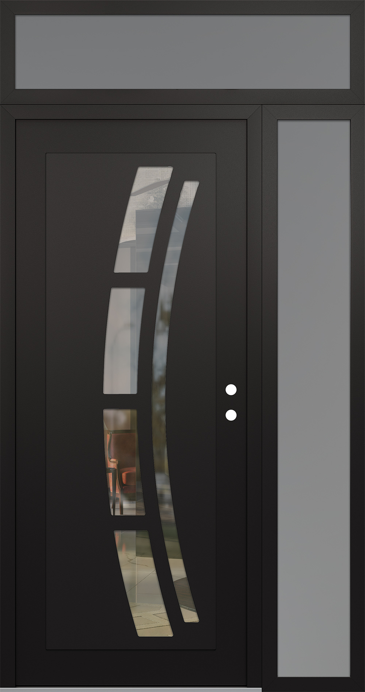 Modern Steel Front Door Diamond C12 48" x 96" black/black clear Glass Panel black LHI with Sidelite and Transom frosted Glass