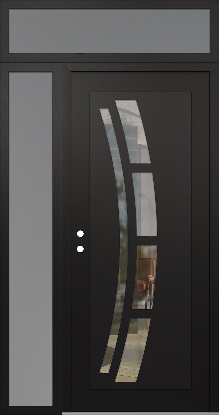 Modern Steel Front Door Diamond C12 48" x 96" black/black clear Glass Panel black RHI with Sidelite and Transom frosted Glass