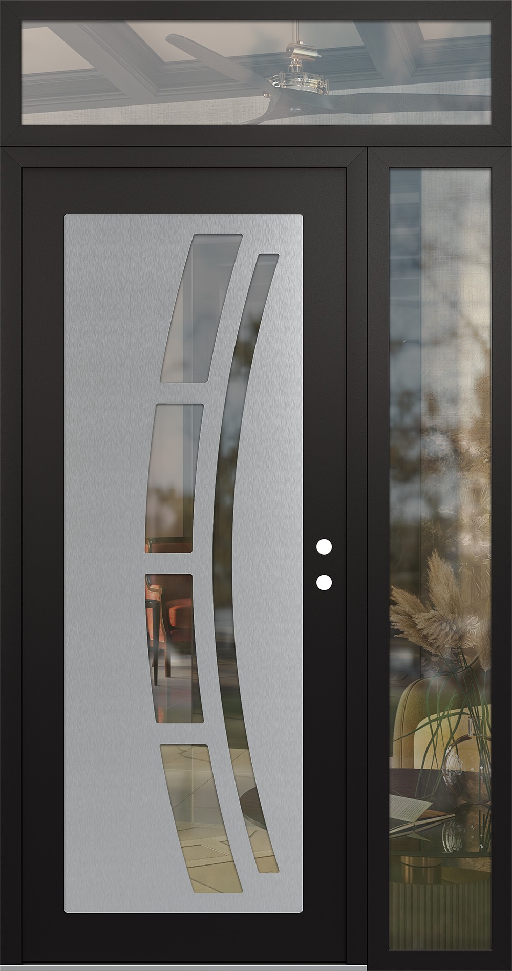 Modern Steel Front Door Diamond C12 48" x 96" black/black clear Glass Panel stainless steel LHI with Sidelite and Transom clear Glass