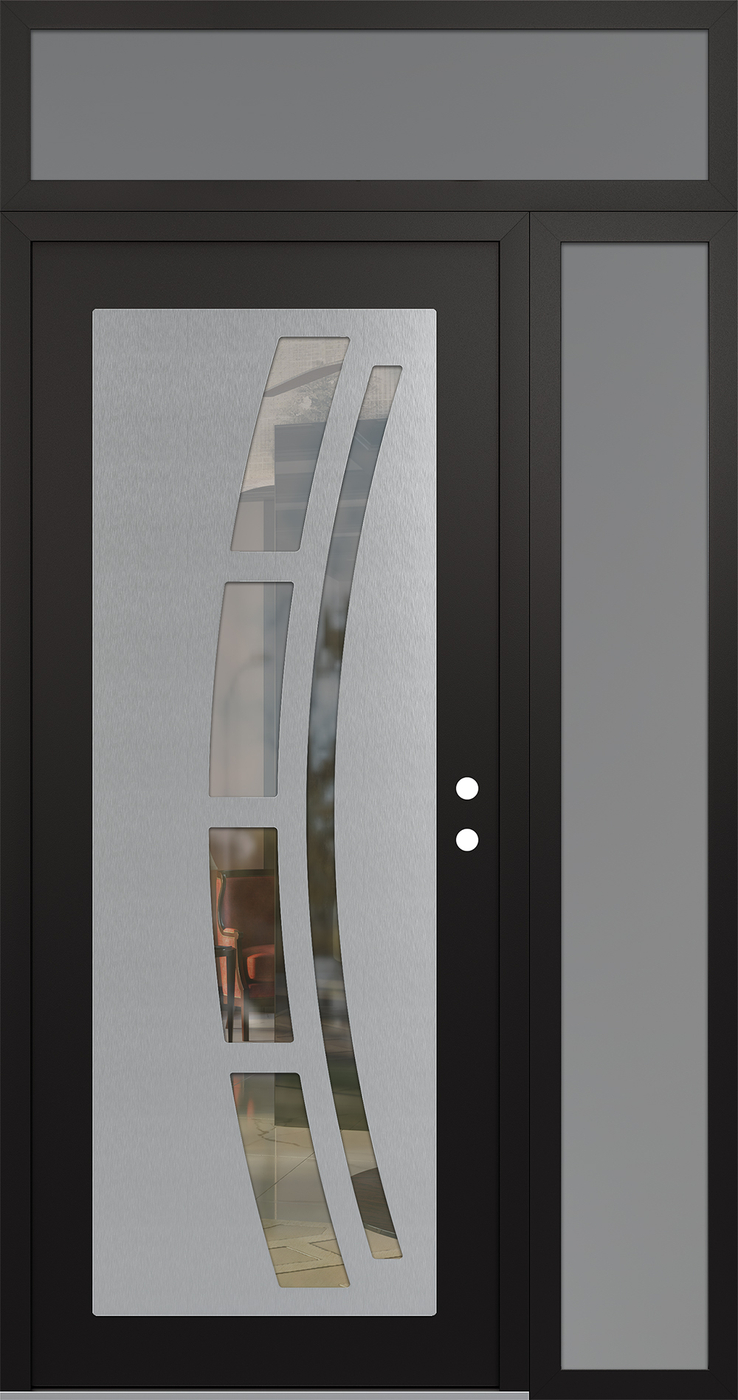 Modern Steel Front Door Diamond C12 48" x 96" black/black clear Glass Panel stainless steel LHI with Sidelite and Transom frosted Glass