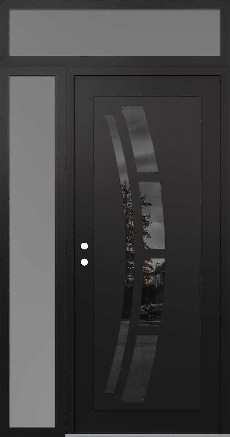 Modern Steel Front Door Diamond C12 48" x 96" black/black mirrored Glass Panel black RHI with Sidelite and Transom frosted Glass