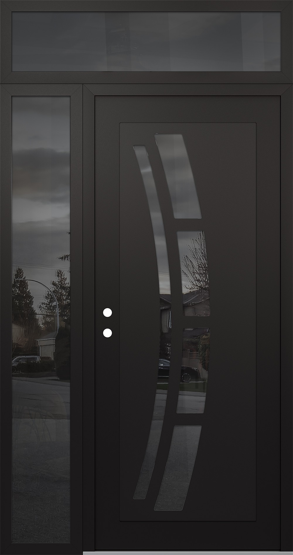 Modern Steel Front Door Diamond C12 48" x 96" black/black mirrored Glass Panel black RHI with Sidelite and Transom mirrored Glass