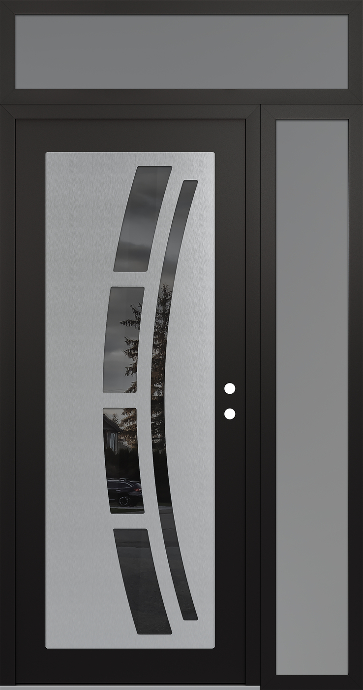 Modern Steel Front Door Diamond C12 48" x 96" black/black mirrored Glass Panel stainless steel LHI with Sidelite and Transom frosted Glass