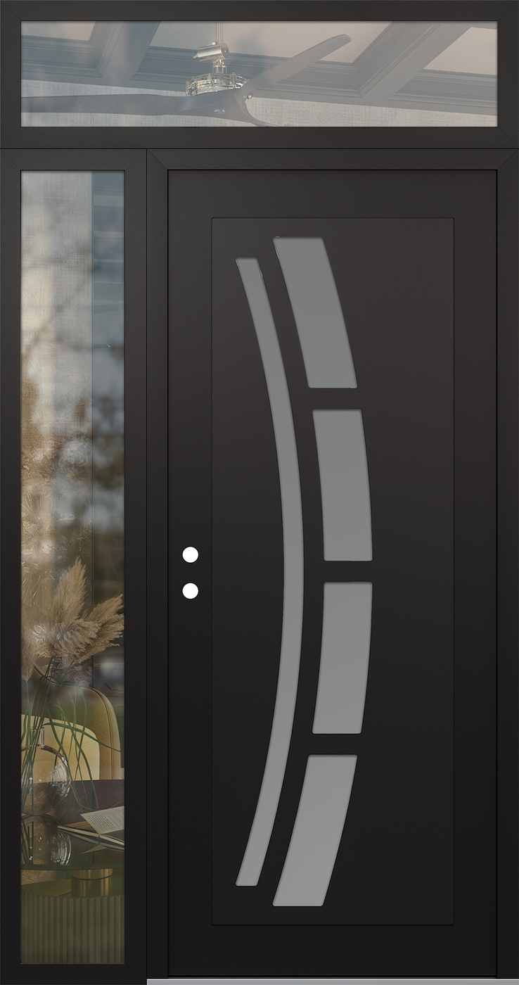 Modern Steel Front Door Diamond C12 48" x 96" black/white frosted Glass Panel black RHI with Sidelite and Transom clear Glass