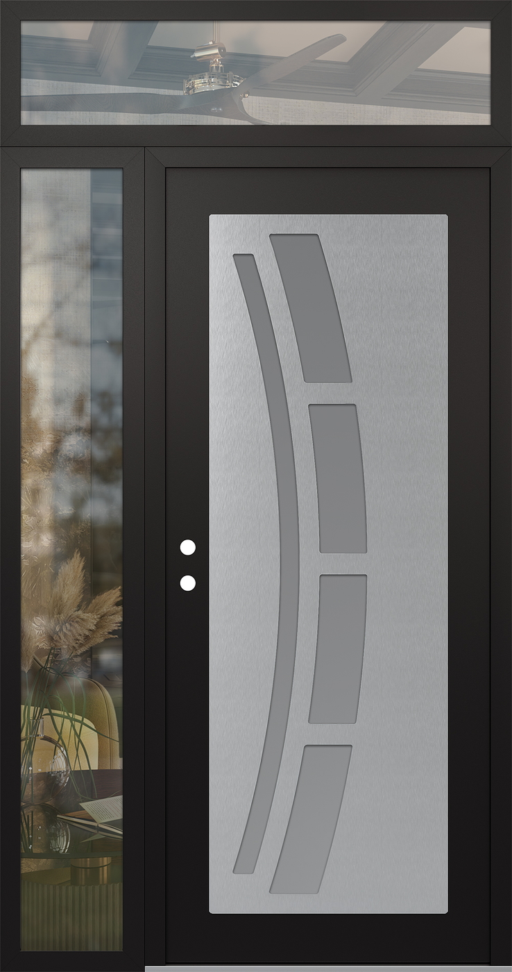 Modern Steel Front Door Diamond C12 48" x 96" black/white frosted Glass Panel stainless steel RHI with Sidelite and Transom clear Glass