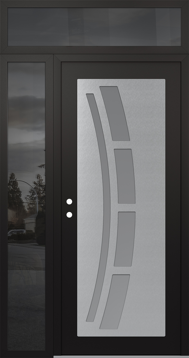 Modern Steel Front Door Diamond C12 48" x 96" black/white frosted Glass Panel stainless steel RHI with Sidelite and Transom mirrored Glass