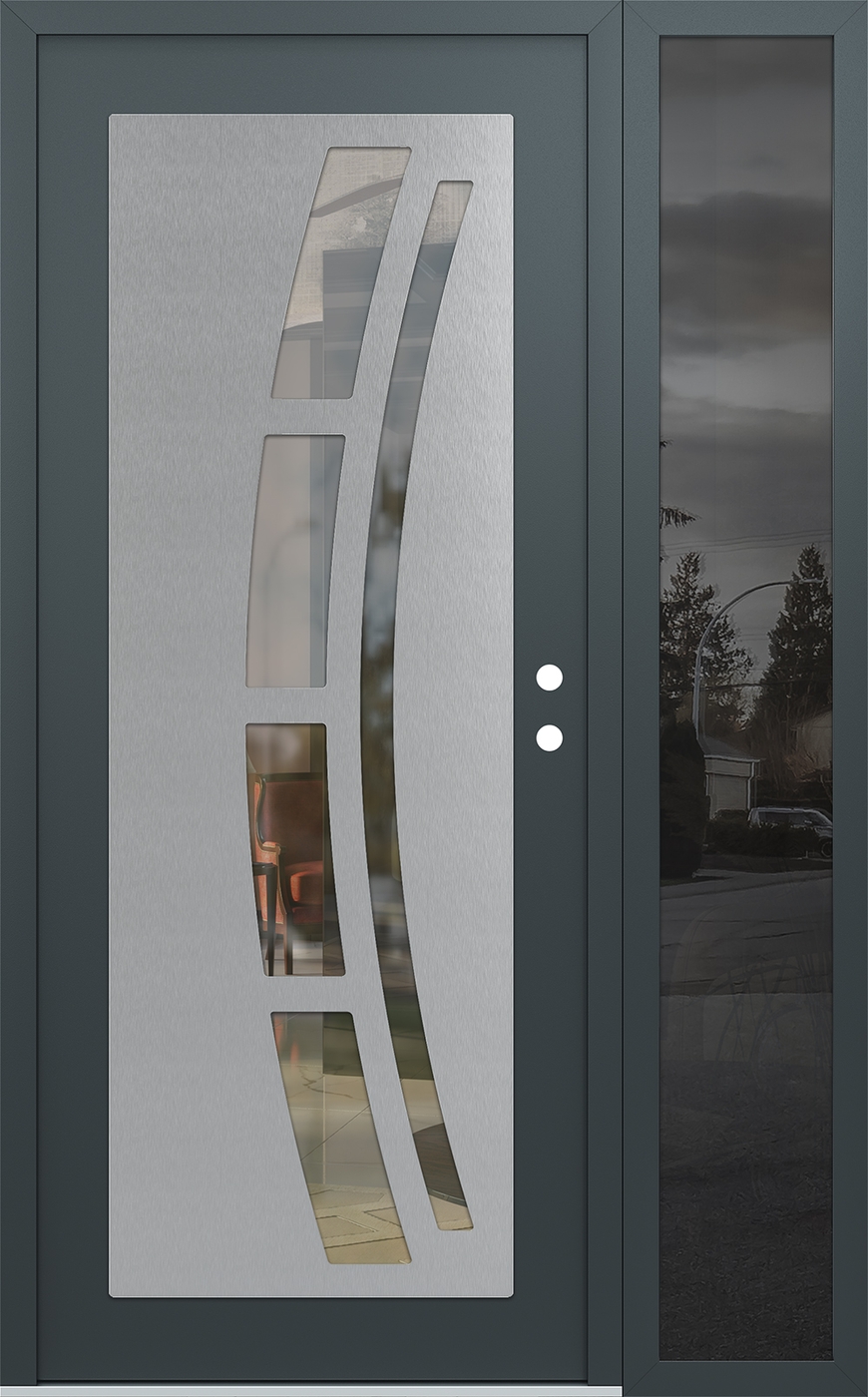Modern Steel Front Door Diamond C12 50" x 80" anthracite/anthracite clear Glass Panel stainless steel LHI with Sidelite mirrored Glass