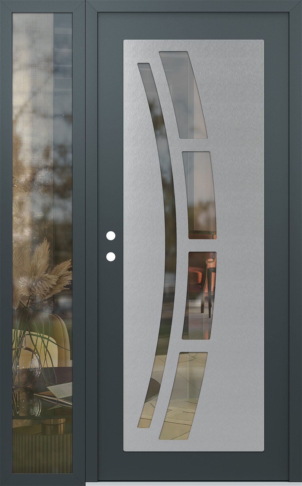Modern Steel Front Door Diamond C12 50" x 80" anthracite/anthracite clear Glass Panel stainless steel RHI with Sidelite clear Glass