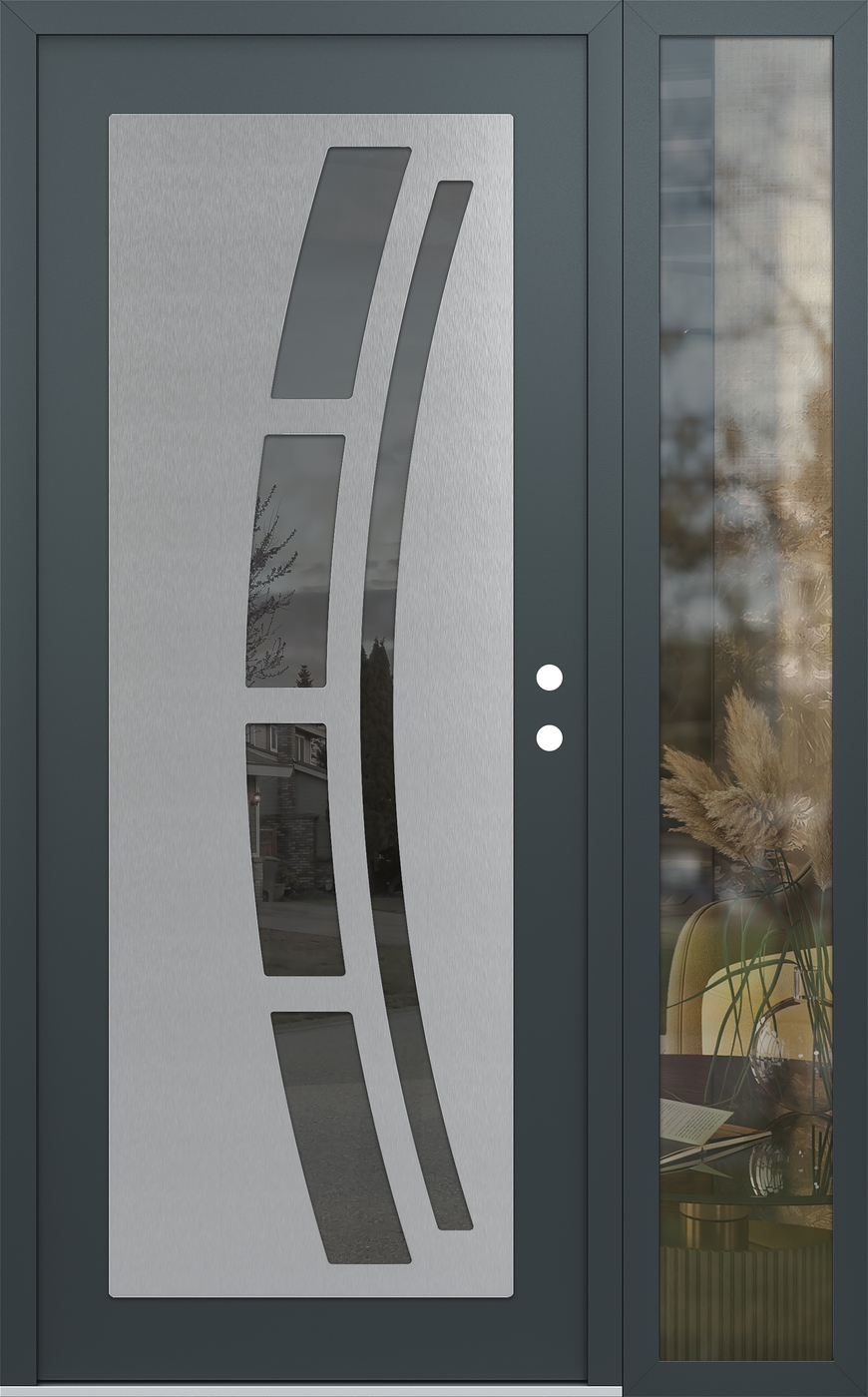 Modern Steel Front Door Diamond C12 50" x 80" anthracite/anthracite mirrored Glass Panel stainless steel LHI with Sidelite clear Glass