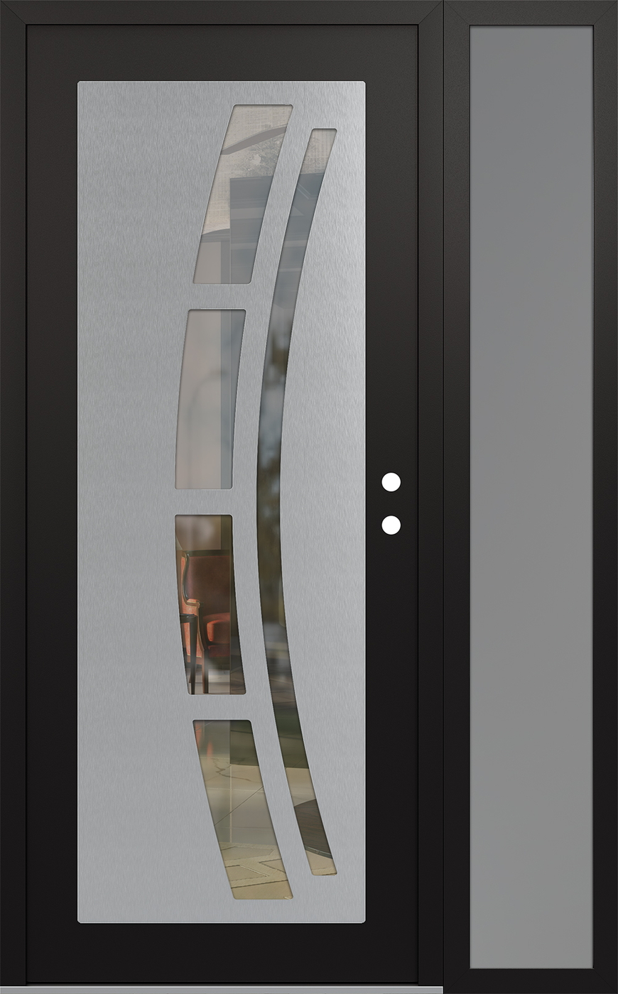 Modern Steel Front Door Diamond C12 50" x 80" black/black clear Glass Panel stainless steel LHI with Sidelite frosted Glass