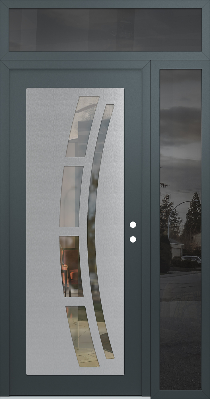 Modern Steel Front Door Diamond C12 50" x 96" anthracite/anthracite clear Glass Panel stainless steel LHI with Sidelite and Transom mirrored Glass
