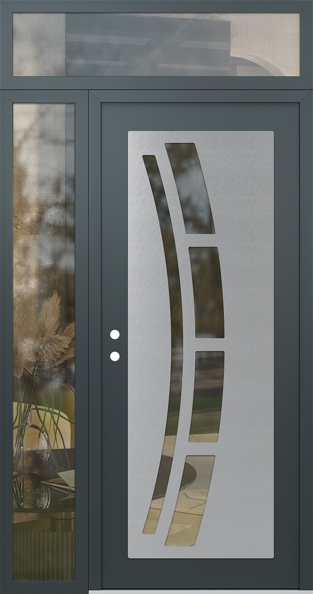Modern Steel Front Door Diamond C12 50" x 96" anthracite/anthracite clear Glass Panel stainless steel RHI with Sidelite and Transom clear Glass